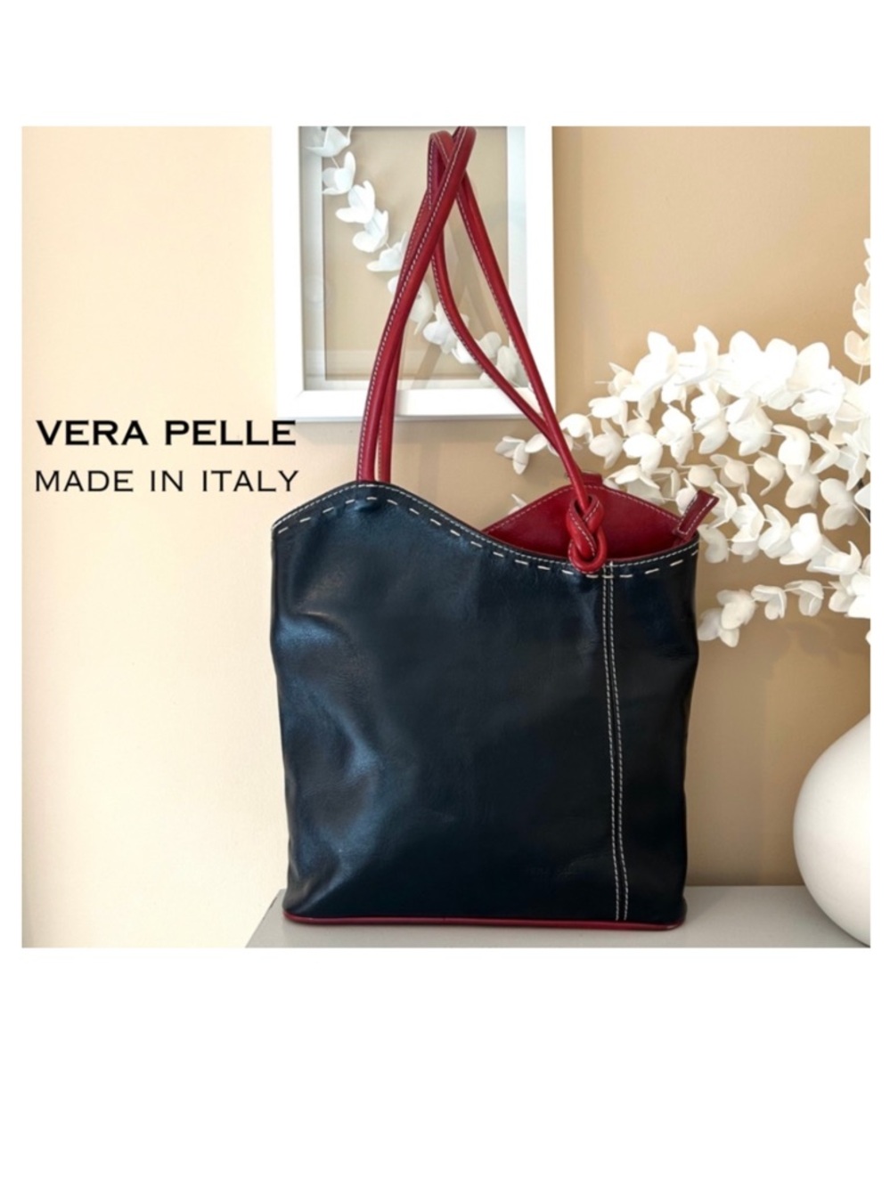 Vera Pelle Black and Red Leather Tote Backpack